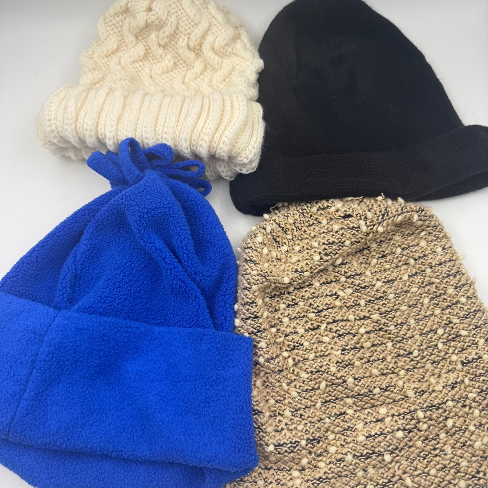 LOT of 4 Beanie Hat Womens Ivory Cable Blue Black Acrylic Fold Over Hem Caps